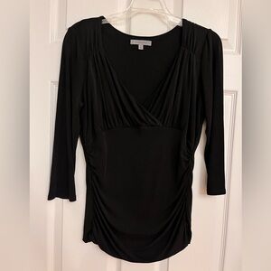 Black Classiques Entier V-neck Ruched Top with 3/4 Sleeves, Size M